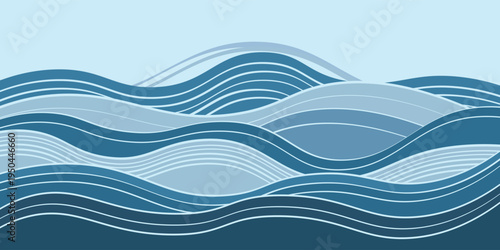is a stylized image of water waves consisting of several smooth, wavy lines of different blue shades that overlap to create the effect of depth and movement.