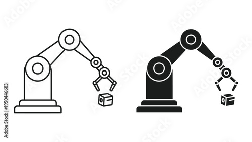 Robotic Arm Icons: Line Art and Silhouette of a Robot Picking Up a Cube