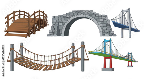 Collection of Diverse Bridge Types: Wooden Arch, Stone Arch, Suspension, Rope, Cable-Stayed
