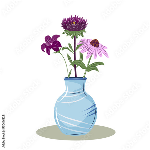 Hand drawn wildflower bouquet in blue vase. Vintage botanical floral composition isolated on white. Ideal for greeting cards, posters, packaging, wedding stationery and decor design.