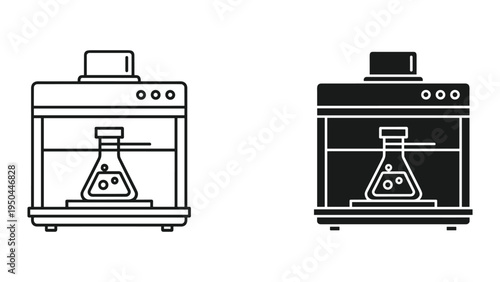 Laboratory 3D Printer with Flask, Science Research, Technology Innovation, Vector Icons