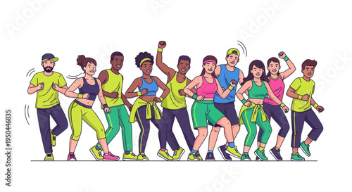 Diverse group of people dancing energetically, fitness class, exercise, fun, healthy lifestyle