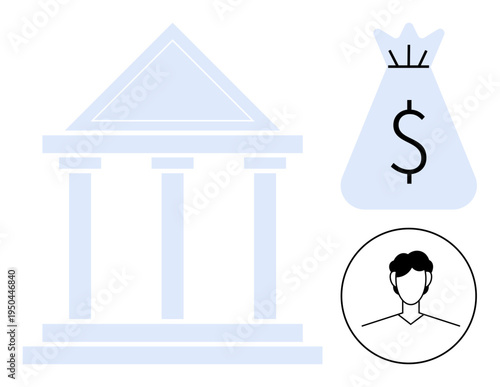 Bank building icon with pillars, a money bag showing a dollar sign, and a user profile icon. Ideal for concepts of banking, savings, investments, finance, transactions, economy and customer service