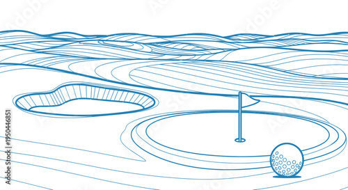 Golf course illustration with green, sand trap, flag, and ball