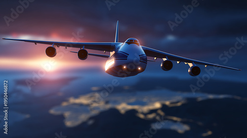 Large cargo airplane fly above abstract Earth map at dramatic sunset. Global transport concept, delivery and logistics, air freight, worldwide network, travel industry panorama