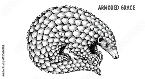 Pangolin Curled Up, Armored Graceful Mammal, Unique Wildlife Illustration