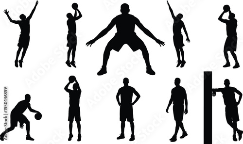Basketball Player Silhouette Collection, Athlete Dribbling Shooting Jumping Action Poses Set, Sport Training Player Vector Illustration Isolated