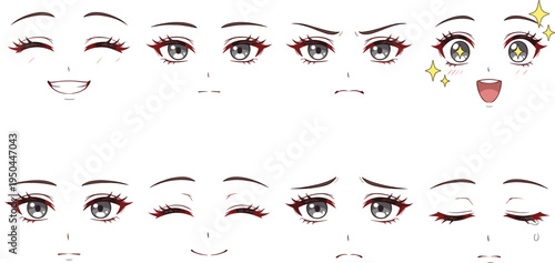 Anime girl facial expression set with kawaii eyes eyebrows and mouth emotions cute manga character face elements illustration collection