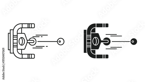 Futuristic Robotic Arm Gripping and Launching Small Object, Icon Set