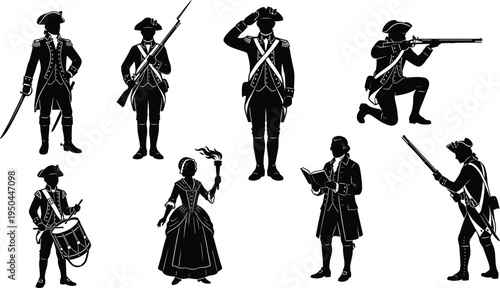 American revolutionary war soldier silhouettes set with colonial militia drummer musketeer officer patriot woman and historical independence characters
