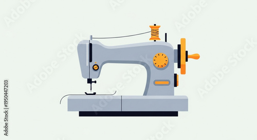 Gray sewing machine with orange accents and thread on a white background for fashion and textile concepts