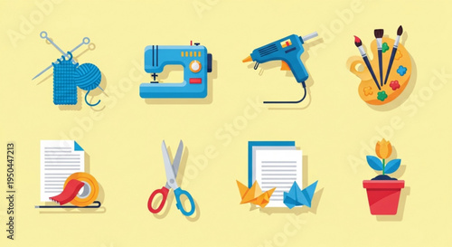 Colorful diy and crafting icons set including sewing machine hot glue gun paintbrushes scissors and more on yellow background