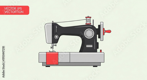 Black and gray sewing machine with red accents on light green background for crafting and textile work