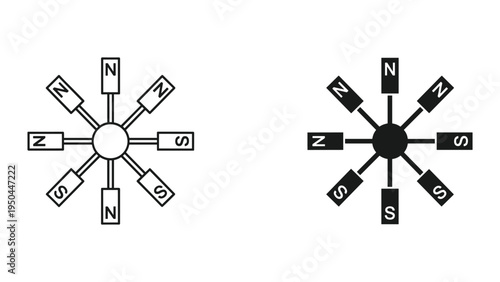 Vector Set of Magnetic Compass Roses with North and South Poles Labeled