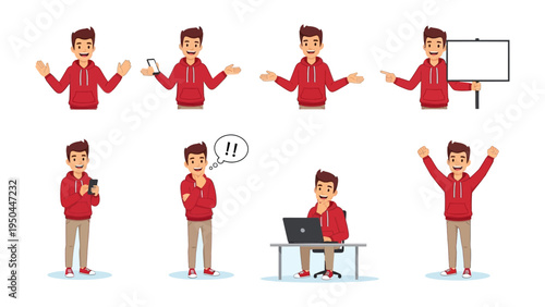 Expressive Poses of a Man: This illustration features a man in a red hoodie and beige pants, exhibiting a range of engaging poses and gestures. 