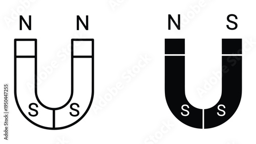 Two horseshoe magnets, one outlined and one solid black, showing North and South poles
