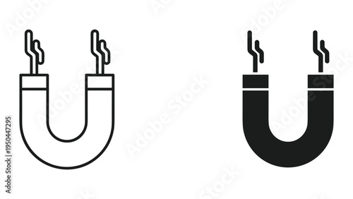 U shape magnet icons, outline and filled, showing magnetic poles and attraction, science and physics concept