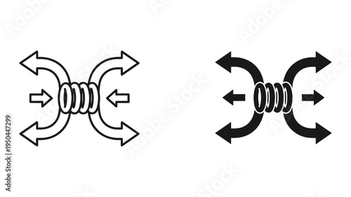 Arrows Converging and Diverging from Central Coil/Spring Icon: Line Art and Solid Fill