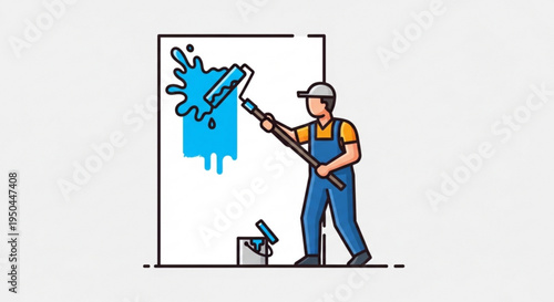 Man painting a wall blue with a roller wearing overalls and a cap creating a fresh coat of paint