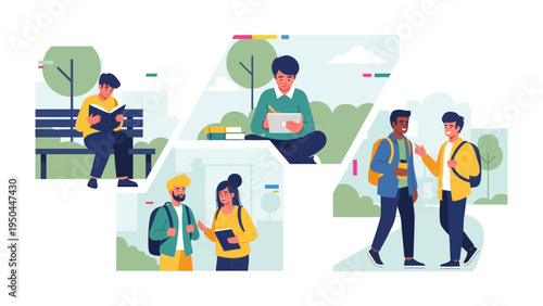 Knowledge Seekers: A composite image showcases a variety of young individuals immersed in the pursuit of knowledge, each engaged in different modes of study and interaction.