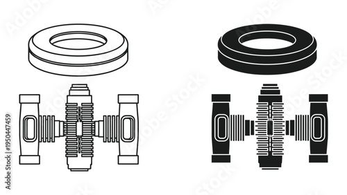 Industrial Pipe Fittings: Flange and Union Connector Icon Set. Vector Illustration.