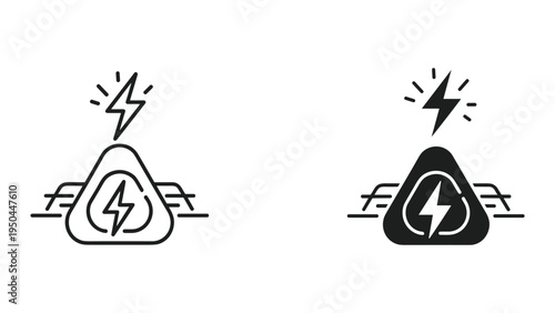 Electricity Symbol Icons: Lightning Bolt in Triangle and Circle, Black and White