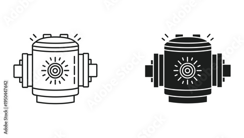 Set of industrial pipe fittings icons: line art and solid silhouette of a valve or pump component