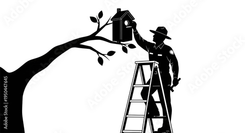 Silhouette of a park ranger or worker on a ladder installing a birdhouse on a tree branch