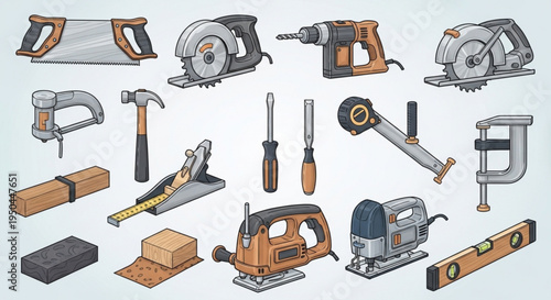 Collection of various carpentry tools and equipment for woodworking projects on a workshop table