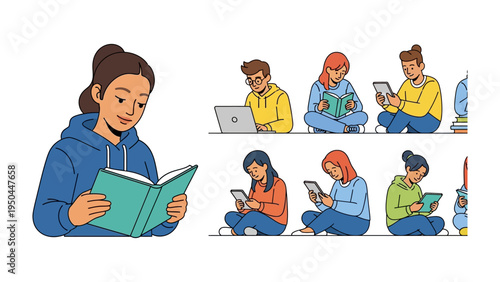 Readers Immersion in Knowledge: Illustrative representation of individuals immersed in reading activities with books and tablets