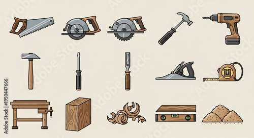 Collection of various carpentry and diy tools on a neutral background
