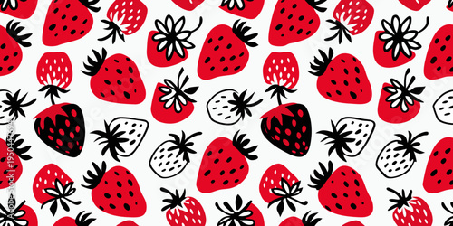 A vibrant pattern of stylized strawberries in red and black tones