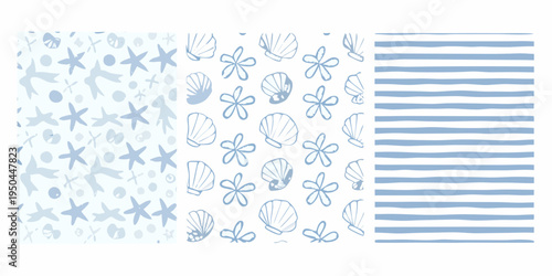 Coastal themed patterns featuring shells starfish flowers and stripes