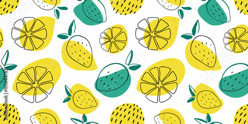 Stylized citrus fruit pattern with lemons and limes on white background
