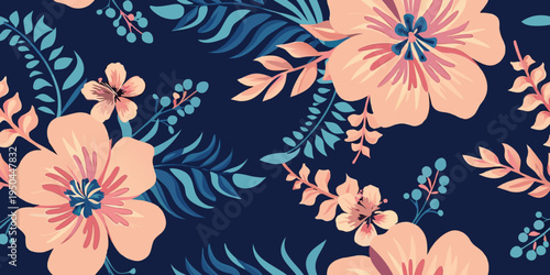 Stylized floral pattern with peach and teal blooms on a dark background