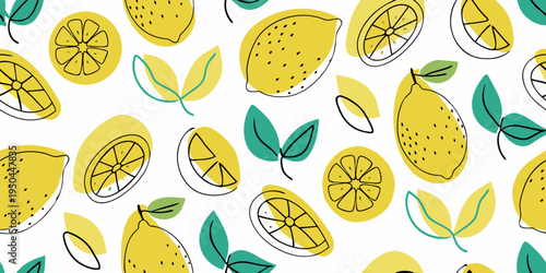 Stylized lemon pattern with slices leaves and a bright cheerful design