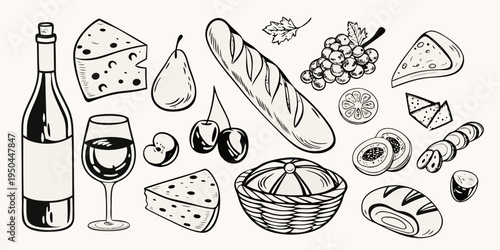 A charming sketch of a picnic spread featuring wine cheese and fruit