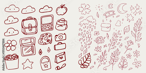 Hand drawn doodles of everyday objects and natural elements in red brown