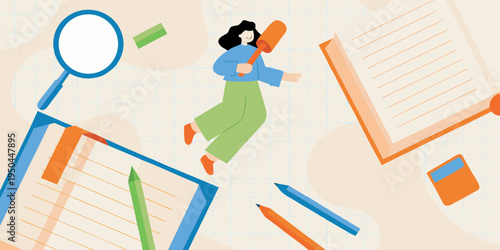 A young woman playfully levitates while holding a large orange paintbrush