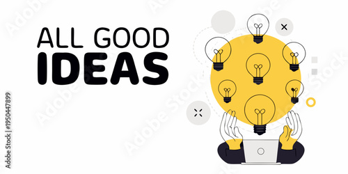 Illustration depicting a cluster of lightbulbs above hands and a laptop