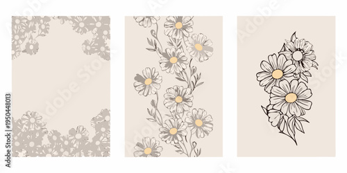 Botanical floral arrangements in neutral tones presented as a triptych design