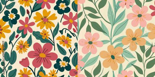 A colorful floral pattern with various blooms and lush greenery