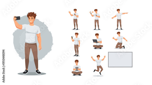 Digital Lifestyle Illustrations: A series of vibrant illustrations showcases a dynamic individual engaged in various tech-infused activities. This collection embodies the modern digital lifestyle.