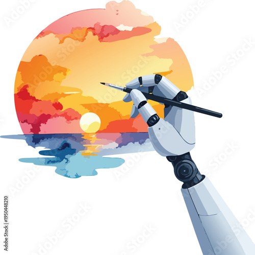 Conceptual 3D Render Of Advanced Robotic Arm Holding Fine Art Paintbrush Creating Realistic Watercolor Sunset Landscape On Paper Illustrating Creative Artificial Intelligence Innovation 