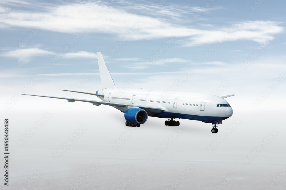 Fototapeta premium Big wide body passenger aircraft taxiing isolated on bright background with sky