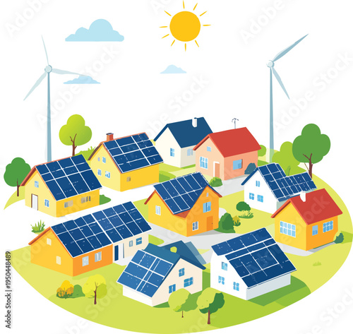 Vibrant Vector Illustration of a Sustainable Tree-House Community with Solar Panels and Wind Turbines in Bright Optimistic Colors Representing Eco-Friendly Living and Renewable Energy Solutions