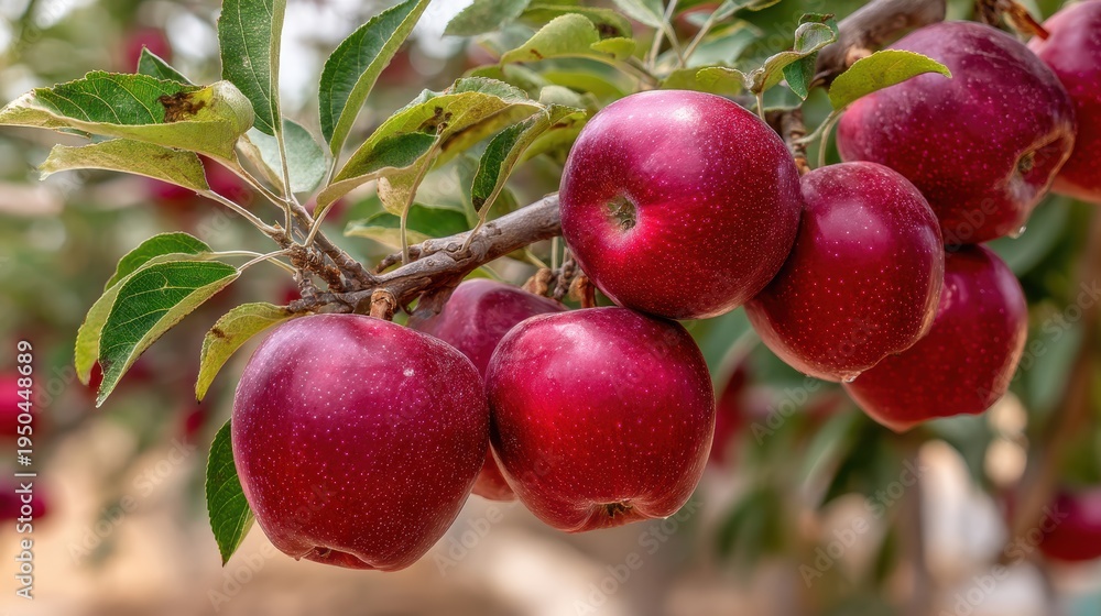 Obraz premium Cluster of ripe, red apples hanging from a tree branch