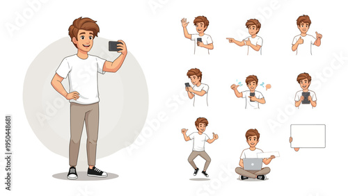 Man in Various Poses: A young man is captured in diverse poses, each depicting a different action or expression, from taking a selfie to using a laptop.