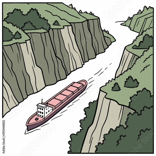 A large cargo ship sails down a river