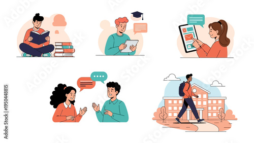 Diverse Learning Environments: A collection of illustrations showcasing various learning environments, from reading and technology to peer discussion.